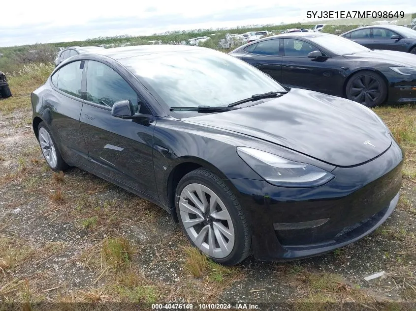 2021 Tesla Model 3 Standard Range Plus Rear-Wheel Drive VIN: 5YJ3E1EA7MF098649 Lot: 40476149