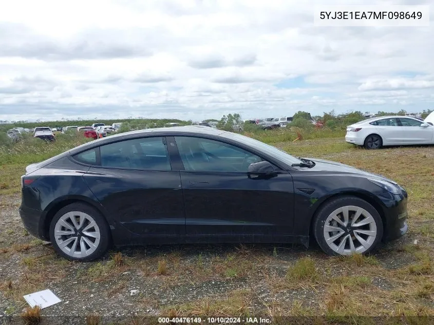 2021 Tesla Model 3 Standard Range Plus Rear-Wheel Drive VIN: 5YJ3E1EA7MF098649 Lot: 40476149