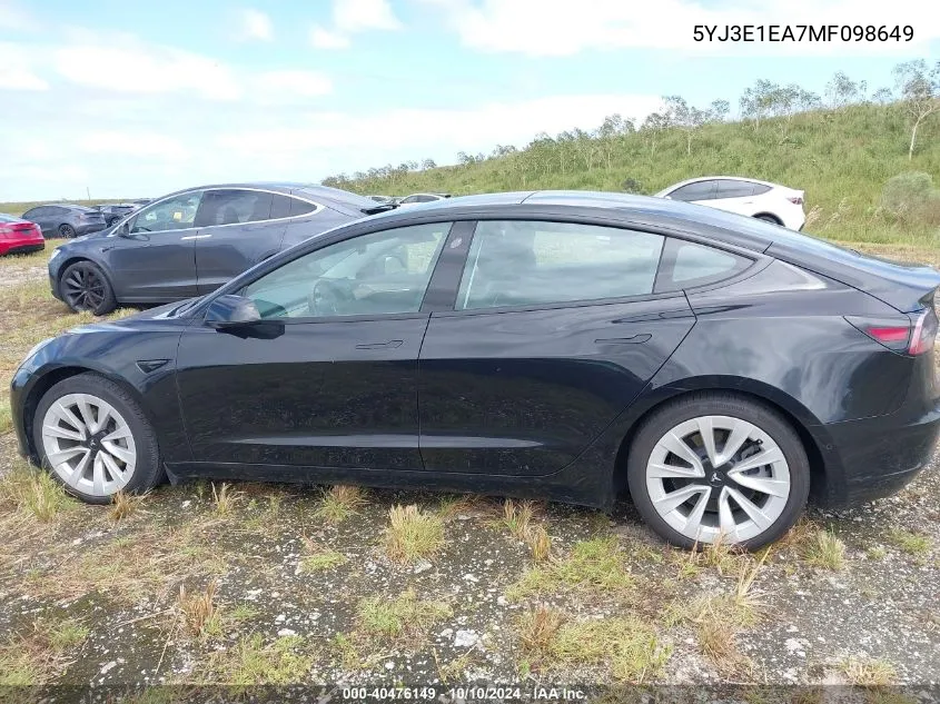 2021 Tesla Model 3 Standard Range Plus Rear-Wheel Drive VIN: 5YJ3E1EA7MF098649 Lot: 40476149