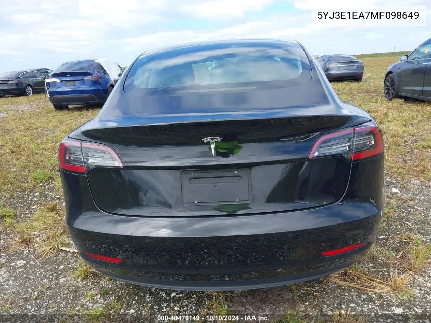 2021 Tesla Model 3 Standard Range Plus Rear-Wheel Drive VIN: 5YJ3E1EA7MF098649 Lot: 40476149