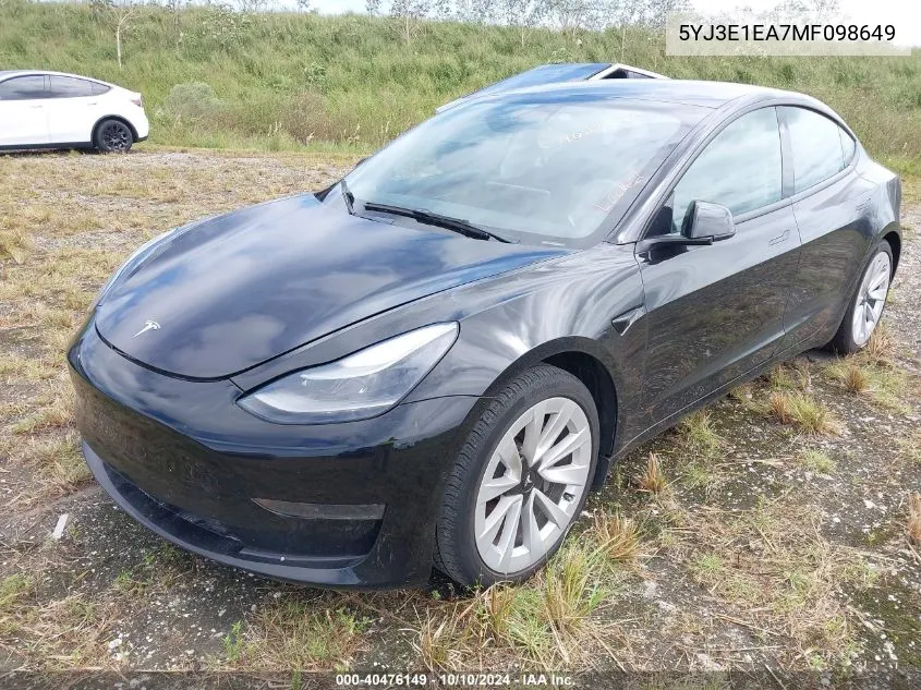 2021 Tesla Model 3 Standard Range Plus Rear-Wheel Drive VIN: 5YJ3E1EA7MF098649 Lot: 40476149