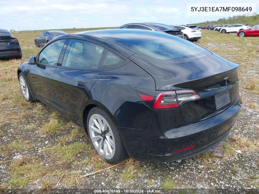 2021 Tesla Model 3 Standard Range Plus Rear-Wheel Drive VIN: 5YJ3E1EA7MF098649 Lot: 40476149