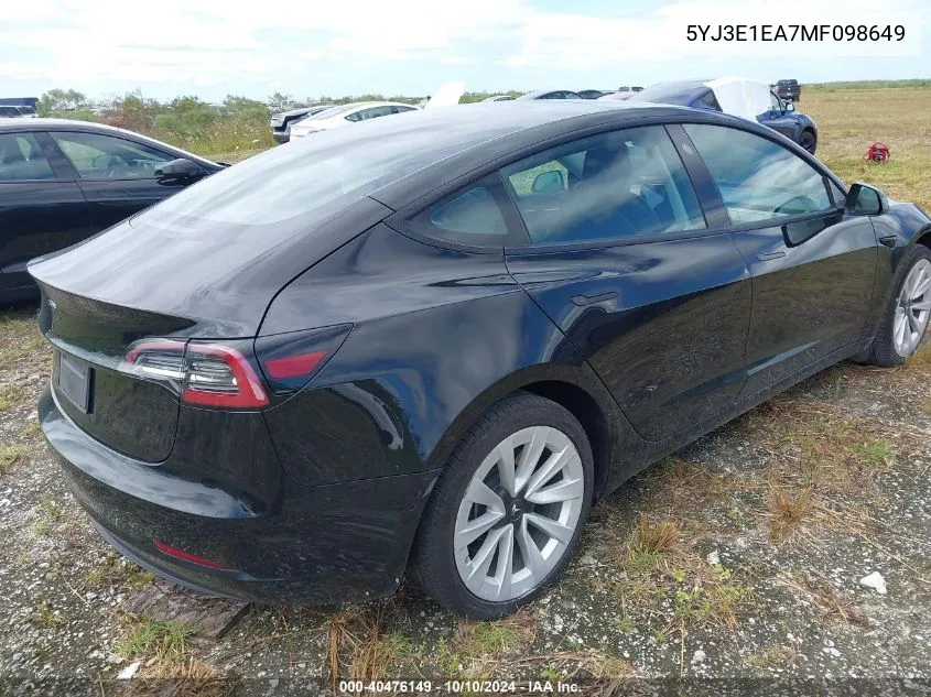 2021 Tesla Model 3 Standard Range Plus Rear-Wheel Drive VIN: 5YJ3E1EA7MF098649 Lot: 40476149