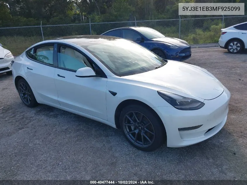 2021 Tesla Model 3 VIN: 5YJ3E1EB3MF925099 Lot: 40477444