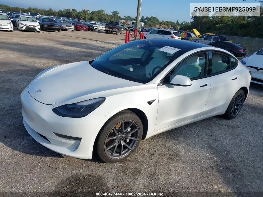 2021 Tesla Model 3 VIN: 5YJ3E1EB3MF925099 Lot: 40477444