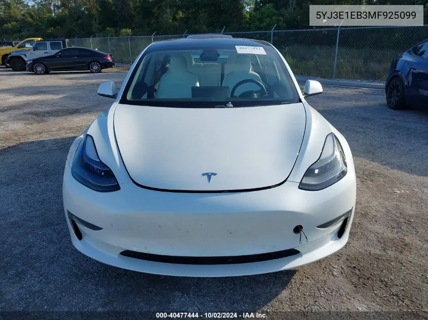 2021 Tesla Model 3 VIN: 5YJ3E1EB3MF925099 Lot: 40477444