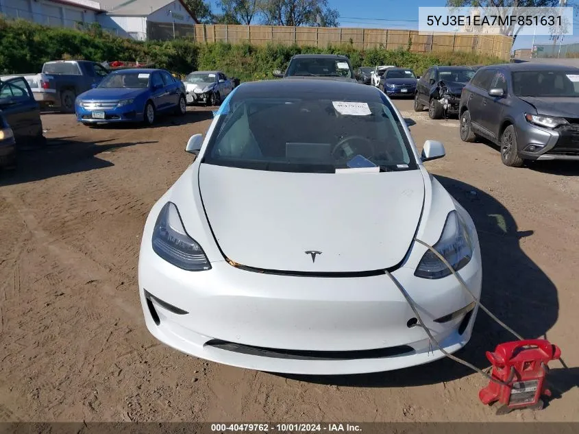 2021 Tesla Model 3 VIN: 5YJ3E1EA7MF851631 Lot: 40479762