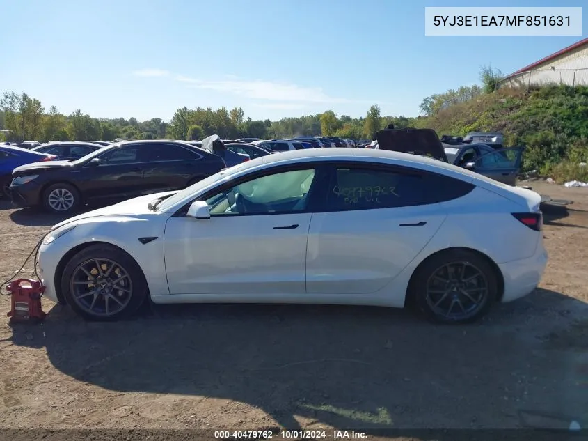 2021 Tesla Model 3 VIN: 5YJ3E1EA7MF851631 Lot: 40479762