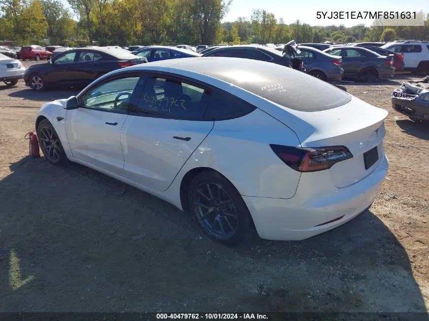 2021 Tesla Model 3 VIN: 5YJ3E1EA7MF851631 Lot: 40479762