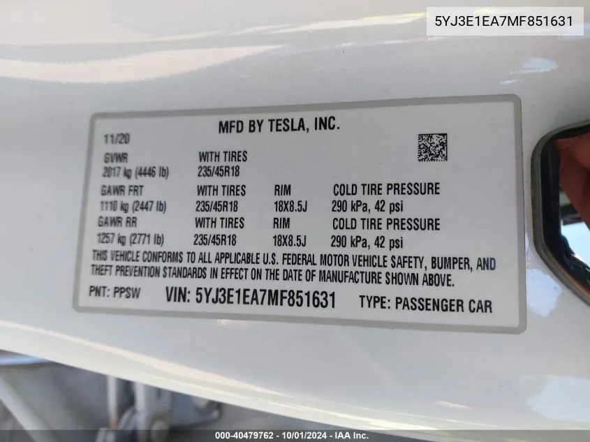 2021 Tesla Model 3 VIN: 5YJ3E1EA7MF851631 Lot: 40479762