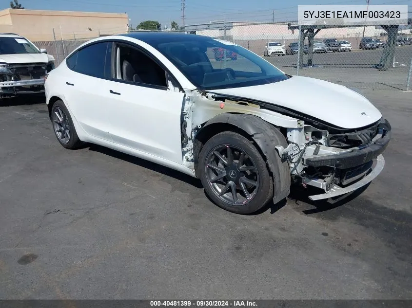 5YJ3E1EA1MF003423 2021 Tesla Model 3 Standard Range Plus Rear-Wheel Drive