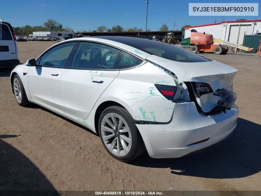 2021 Tesla Model 3 Long Range Dual Motor All-Wheel Drive VIN: 5YJ3E1EB3MF902910 Lot: 40486619