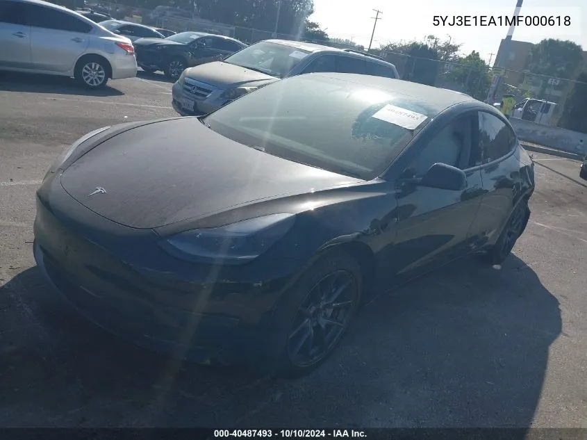 2021 Tesla Model 3 Standard Range Plus Rear-Wheel Drive VIN: 5YJ3E1EA1MF000618 Lot: 40487493