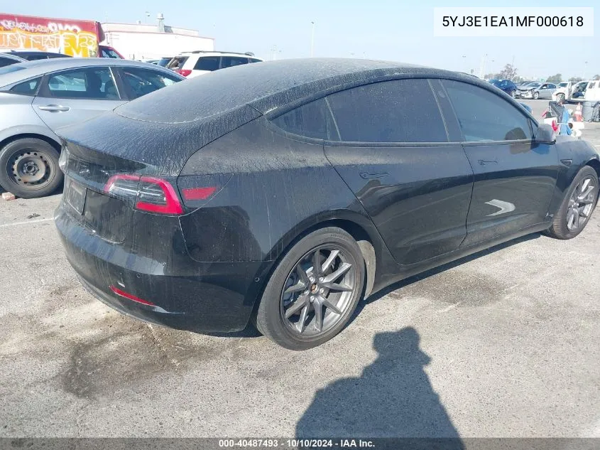 2021 Tesla Model 3 Standard Range Plus Rear-Wheel Drive VIN: 5YJ3E1EA1MF000618 Lot: 40487493