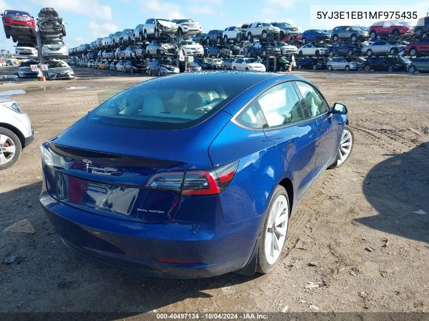 2021 Tesla Model 3 Long Range Dual Motor All-Wheel Drive VIN: 5YJ3E1EB1MF975435 Lot: 40497134