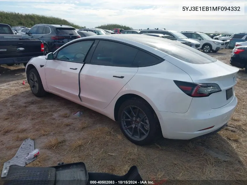 2021 Tesla Model 3 Long Range Dual Motor All-Wheel Drive VIN: 5YJ3E1EB1MF094332 Lot: 40502083