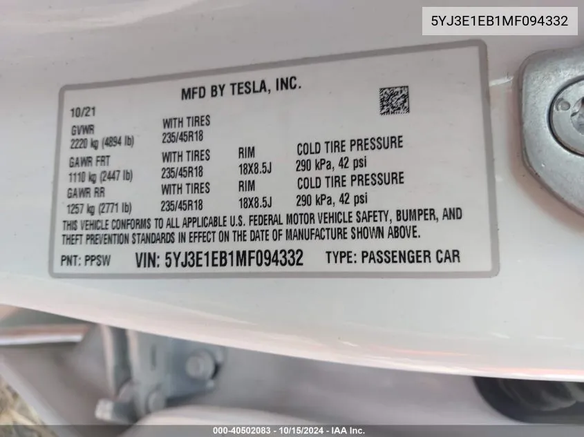 2021 Tesla Model 3 Long Range Dual Motor All-Wheel Drive VIN: 5YJ3E1EB1MF094332 Lot: 40502083