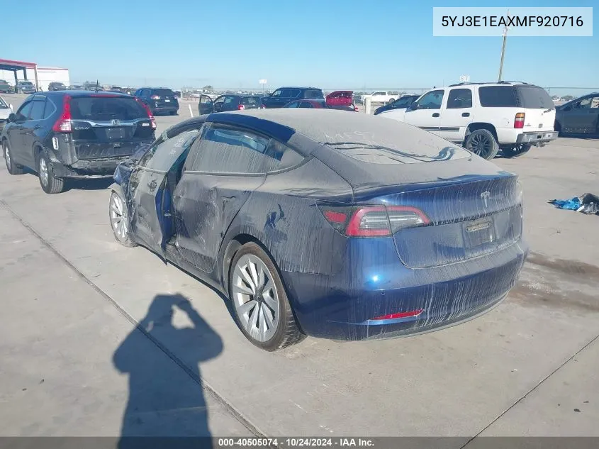 2021 Tesla Model 3 Standard Range Plus Rear-Wheel Drive VIN: 5YJ3E1EAXMF920716 Lot: 40505074