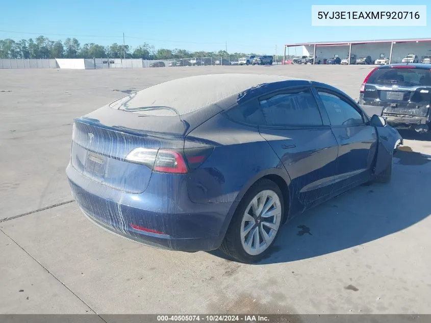 2021 Tesla Model 3 Standard Range Plus Rear-Wheel Drive VIN: 5YJ3E1EAXMF920716 Lot: 40505074