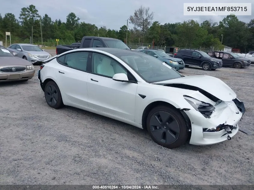 2021 Tesla Model 3 Standard Range Plus Rear-Wheel Drive VIN: 5YJ3E1EA1MF853715 Lot: 40510264