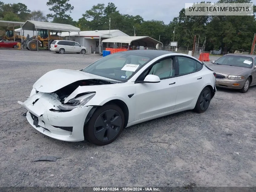 2021 Tesla Model 3 Standard Range Plus Rear-Wheel Drive VIN: 5YJ3E1EA1MF853715 Lot: 40510264