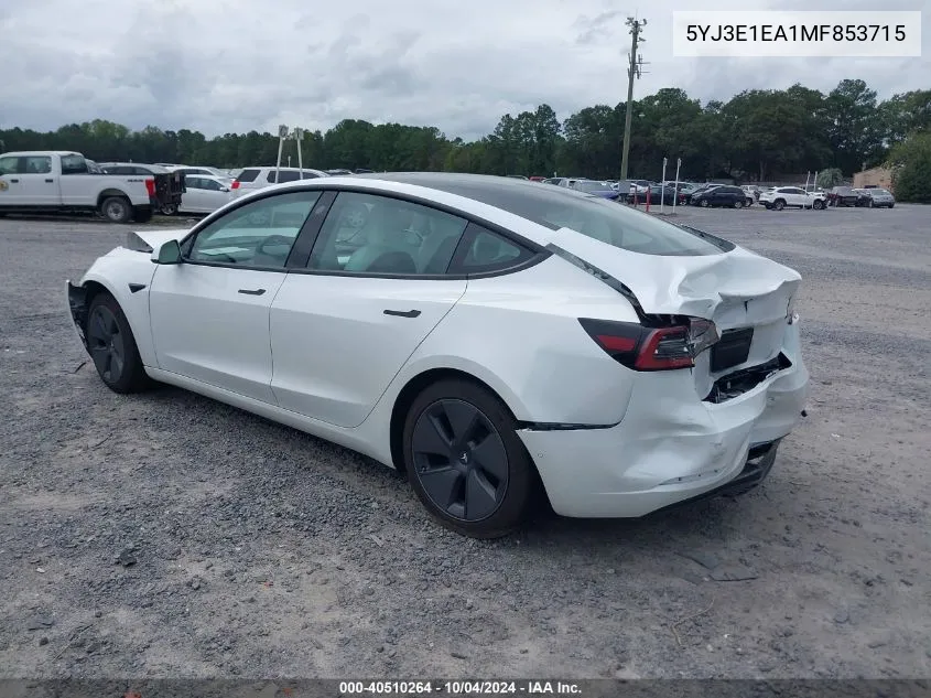 2021 Tesla Model 3 Standard Range Plus Rear-Wheel Drive VIN: 5YJ3E1EA1MF853715 Lot: 40510264