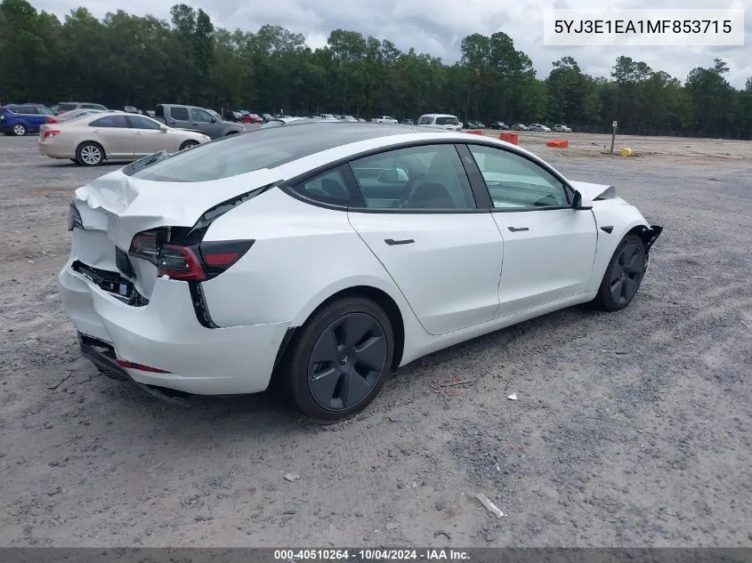 5YJ3E1EA1MF853715 2021 Tesla Model 3 Standard Range Plus Rear-Wheel Drive