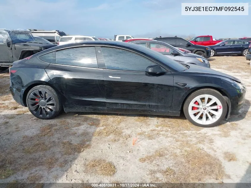 2021 Tesla Model 3 VIN: 5YJ3E1EC7MF092545 Lot: 40513831