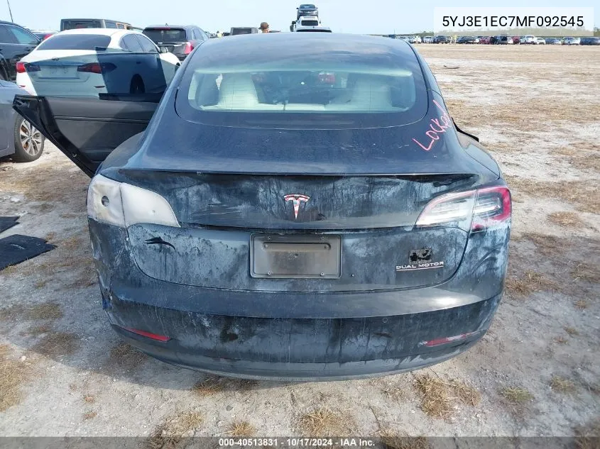 2021 Tesla Model 3 VIN: 5YJ3E1EC7MF092545 Lot: 40513831