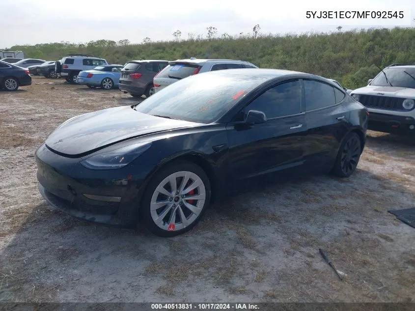 2021 Tesla Model 3 VIN: 5YJ3E1EC7MF092545 Lot: 40513831