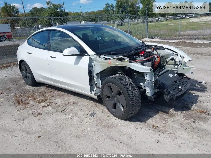 2021 Tesla Model 3 Standard Range Plus Rear-Wheel Drive VIN: 5YJ3E1EA4MF915253 Lot: 40529453