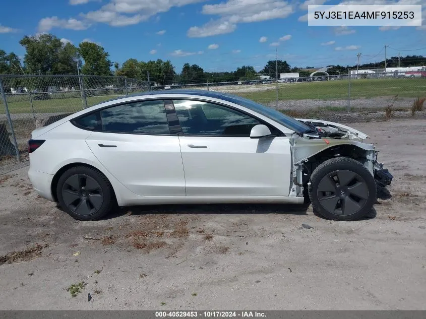 2021 Tesla Model 3 Standard Range Plus Rear-Wheel Drive VIN: 5YJ3E1EA4MF915253 Lot: 40529453