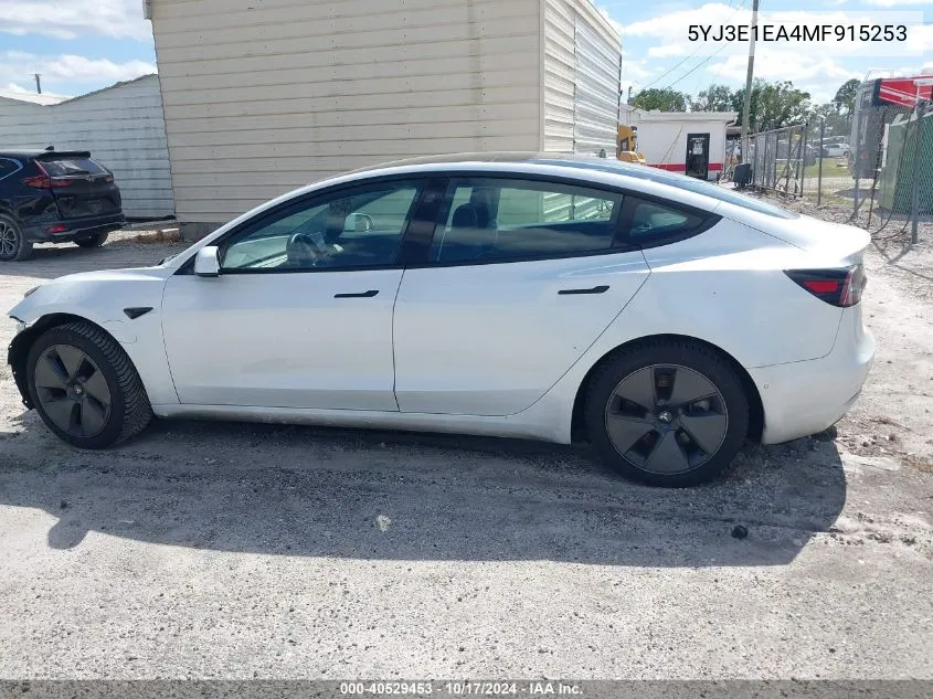 2021 Tesla Model 3 Standard Range Plus Rear-Wheel Drive VIN: 5YJ3E1EA4MF915253 Lot: 40529453