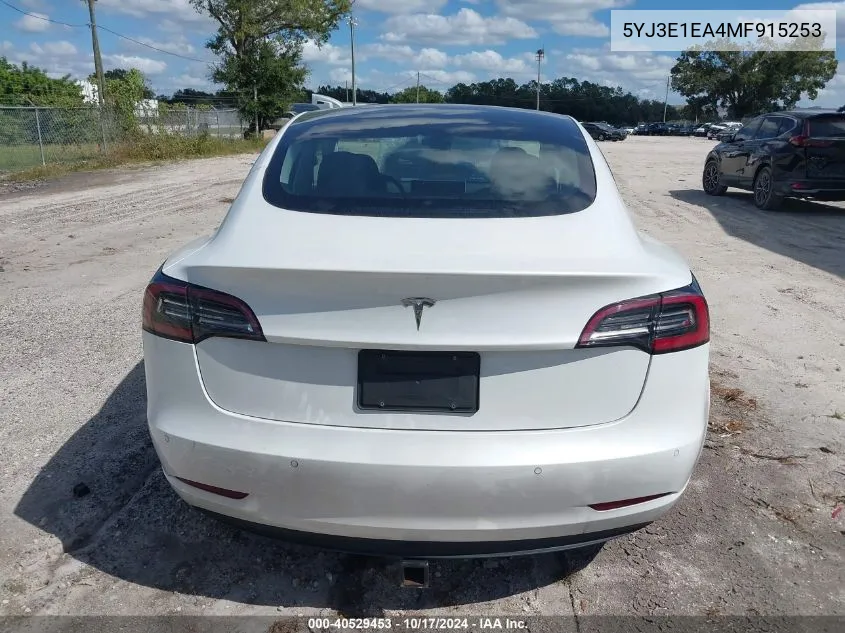 2021 Tesla Model 3 Standard Range Plus Rear-Wheel Drive VIN: 5YJ3E1EA4MF915253 Lot: 40529453