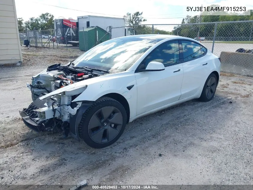 2021 Tesla Model 3 Standard Range Plus Rear-Wheel Drive VIN: 5YJ3E1EA4MF915253 Lot: 40529453