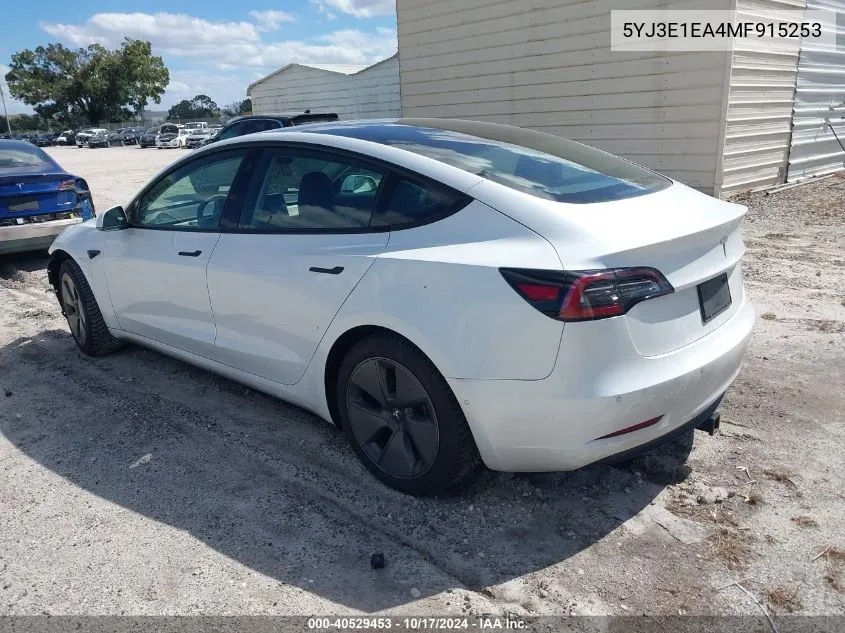 2021 Tesla Model 3 Standard Range Plus Rear-Wheel Drive VIN: 5YJ3E1EA4MF915253 Lot: 40529453