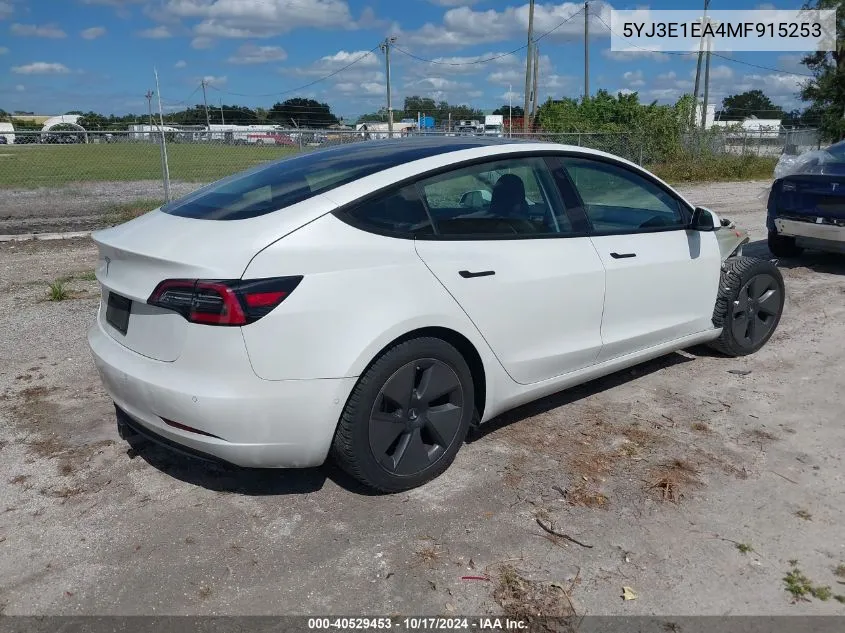 2021 Tesla Model 3 Standard Range Plus Rear-Wheel Drive VIN: 5YJ3E1EA4MF915253 Lot: 40529453