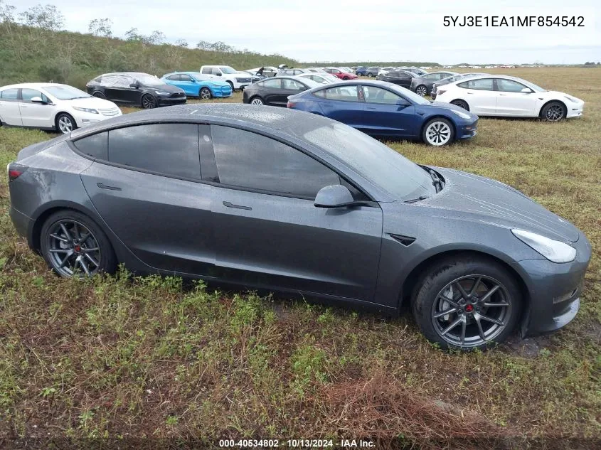 2021 Tesla Model 3 Standard Range Plus Rear-Wheel Drive VIN: 5YJ3E1EA1MF854542 Lot: 40534802