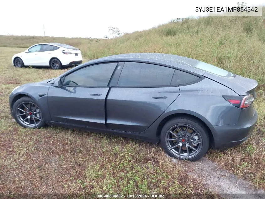 2021 Tesla Model 3 Standard Range Plus Rear-Wheel Drive VIN: 5YJ3E1EA1MF854542 Lot: 40534802