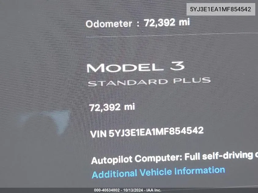 2021 Tesla Model 3 Standard Range Plus Rear-Wheel Drive VIN: 5YJ3E1EA1MF854542 Lot: 40534802