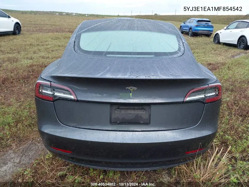 2021 Tesla Model 3 Standard Range Plus Rear-Wheel Drive VIN: 5YJ3E1EA1MF854542 Lot: 40534802