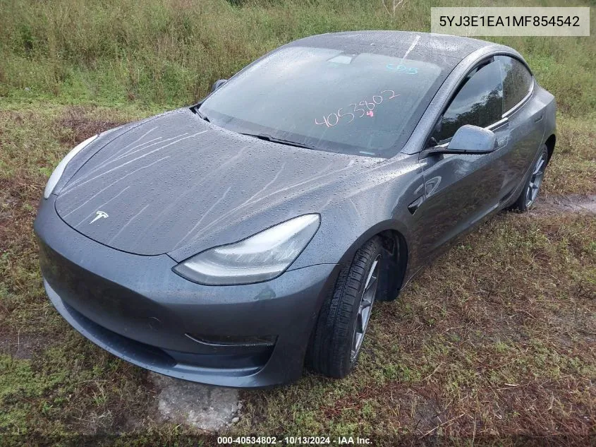 2021 Tesla Model 3 Standard Range Plus Rear-Wheel Drive VIN: 5YJ3E1EA1MF854542 Lot: 40534802