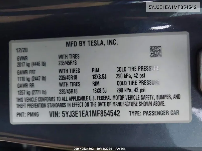 2021 Tesla Model 3 Standard Range Plus Rear-Wheel Drive VIN: 5YJ3E1EA1MF854542 Lot: 40534802