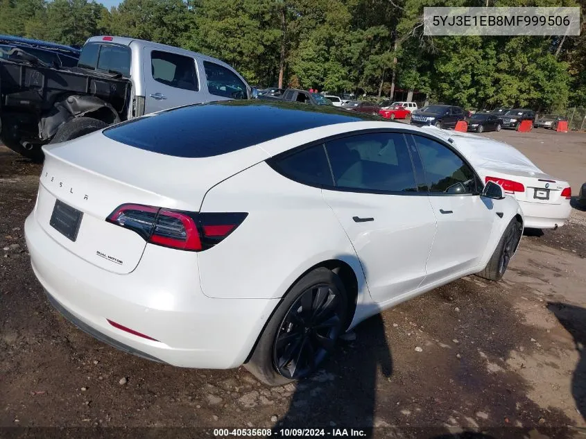 2021 Tesla Model 3 VIN: 5YJ3E1EB8MF999506 Lot: 40535608