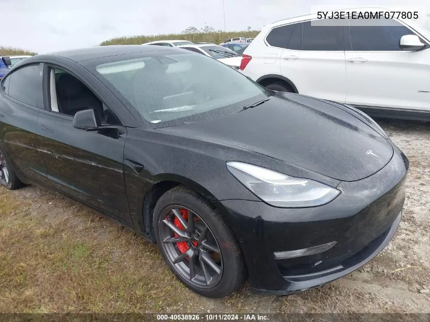 2021 Tesla Model 3 VIN: 5YJ3E1EA0MF077805 Lot: 40538926