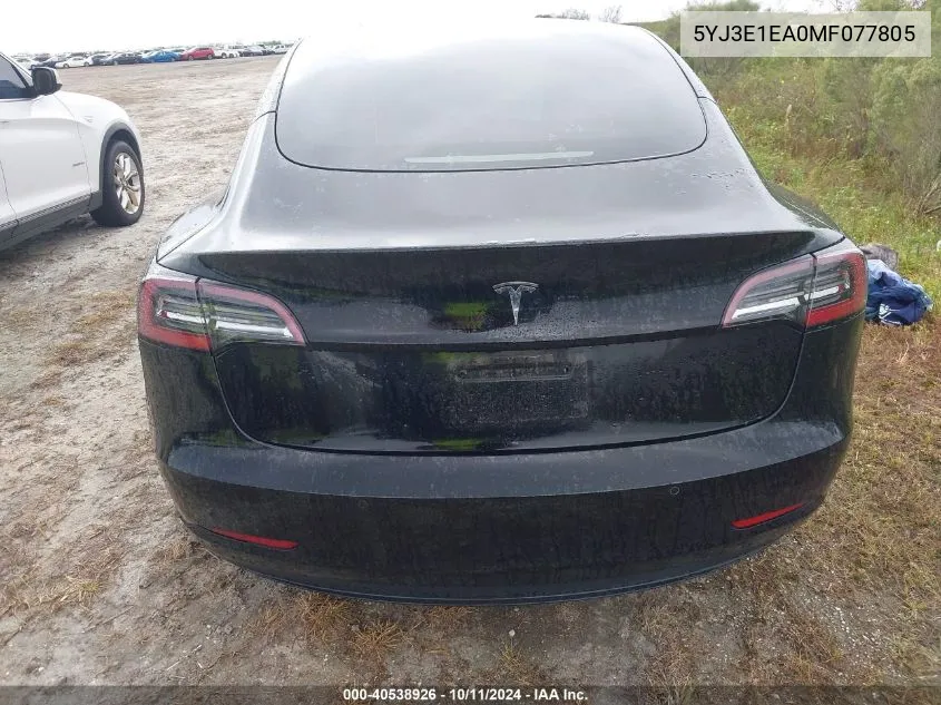 2021 Tesla Model 3 VIN: 5YJ3E1EA0MF077805 Lot: 40538926