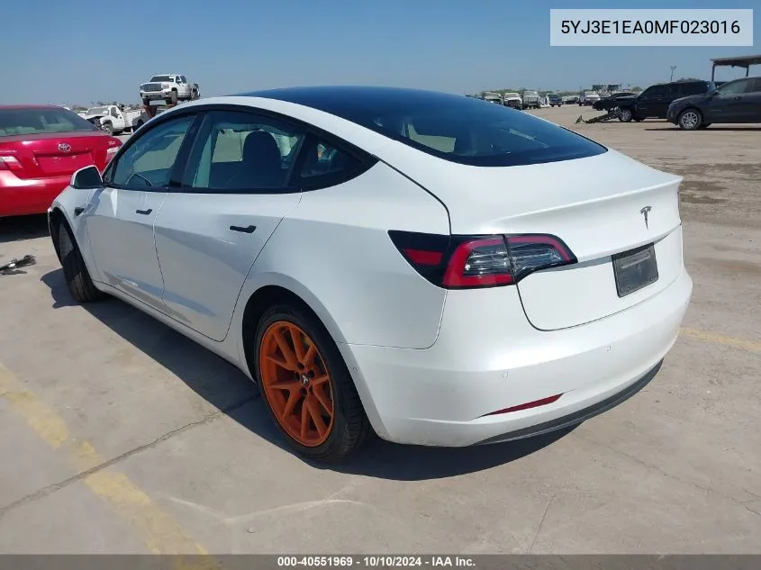 2021 Tesla Model 3 Standard Range Plus Rear-Wheel Drive VIN: 5YJ3E1EA0MF023016 Lot: 40551969