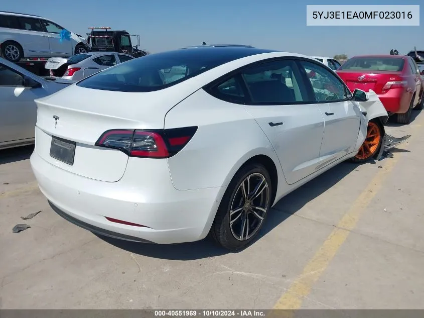 2021 Tesla Model 3 Standard Range Plus Rear-Wheel Drive VIN: 5YJ3E1EA0MF023016 Lot: 40551969