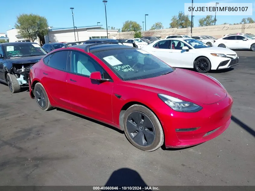 2021 Tesla Model 3 VIN: 5YJ3E1EB1MF860107 Lot: 40560846