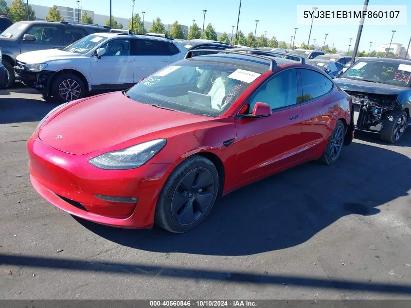 2021 Tesla Model 3 VIN: 5YJ3E1EB1MF860107 Lot: 40560846